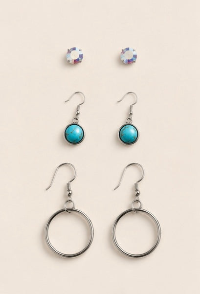 Turquoise & Silver Earring Trio Set – Western Boho Mixed Earring Collection