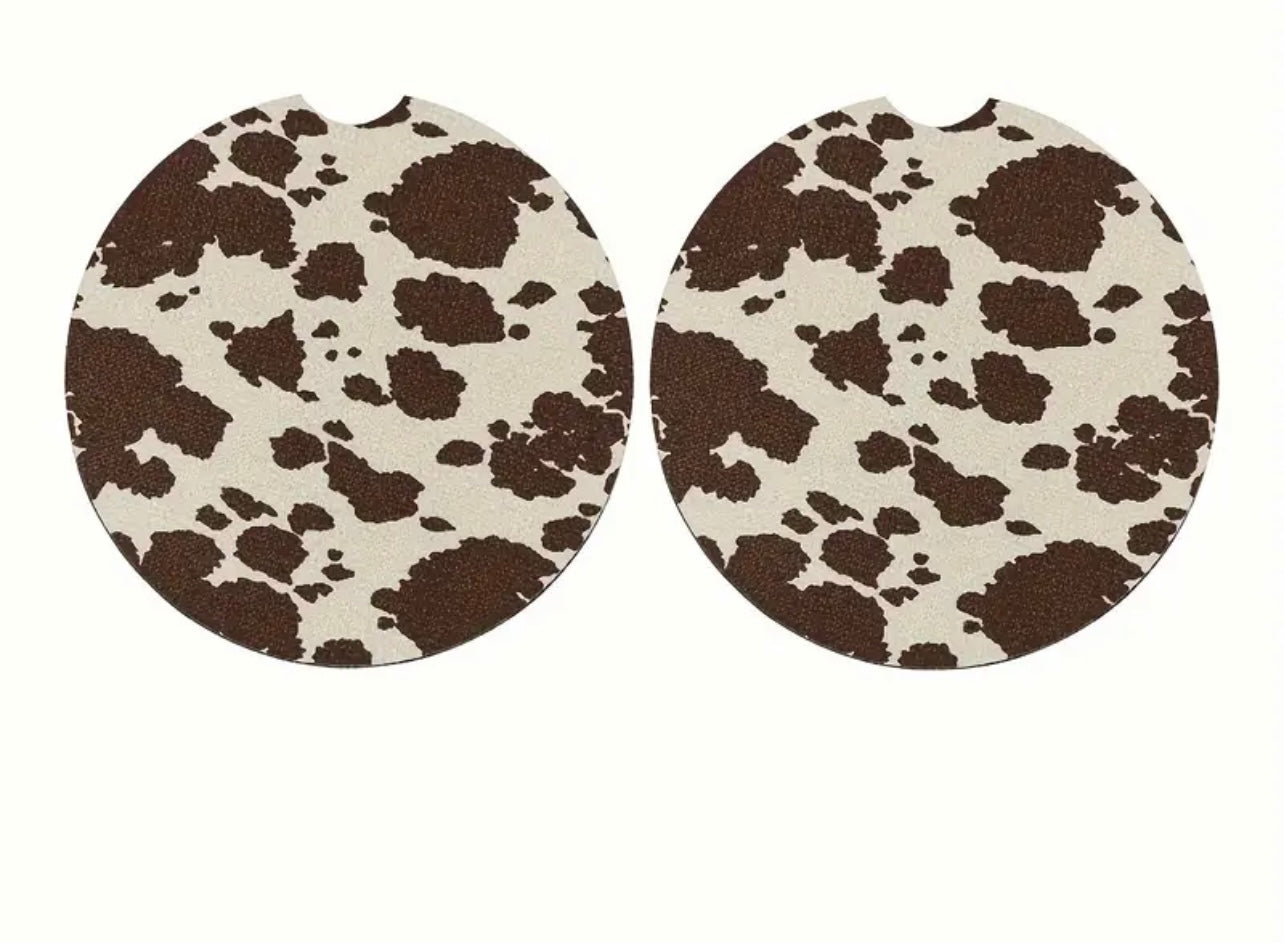 Brown Cow Print Neoprene Car Coaster Set