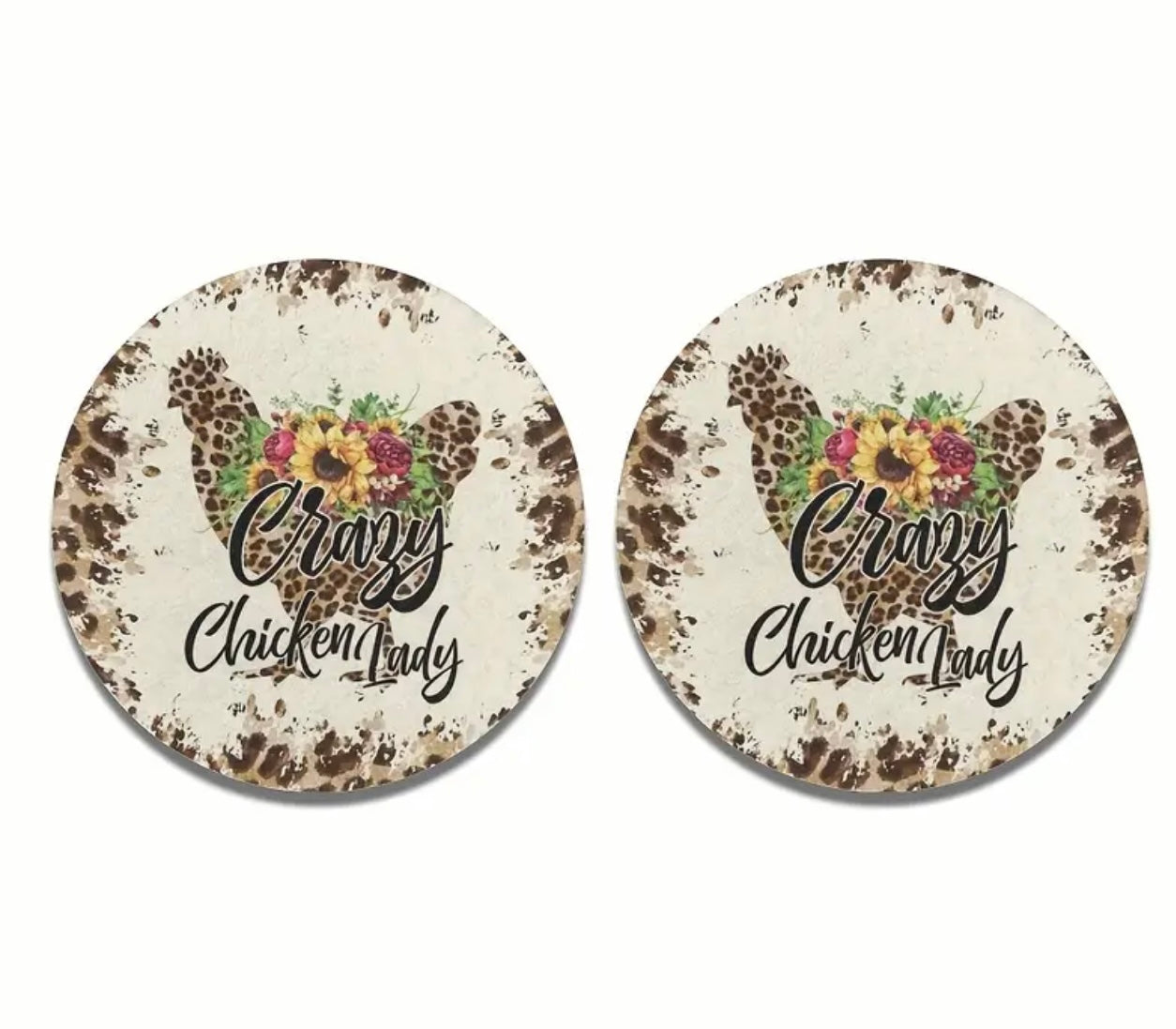 Crazy Chicken Lady Neoprene Car Coaster Set