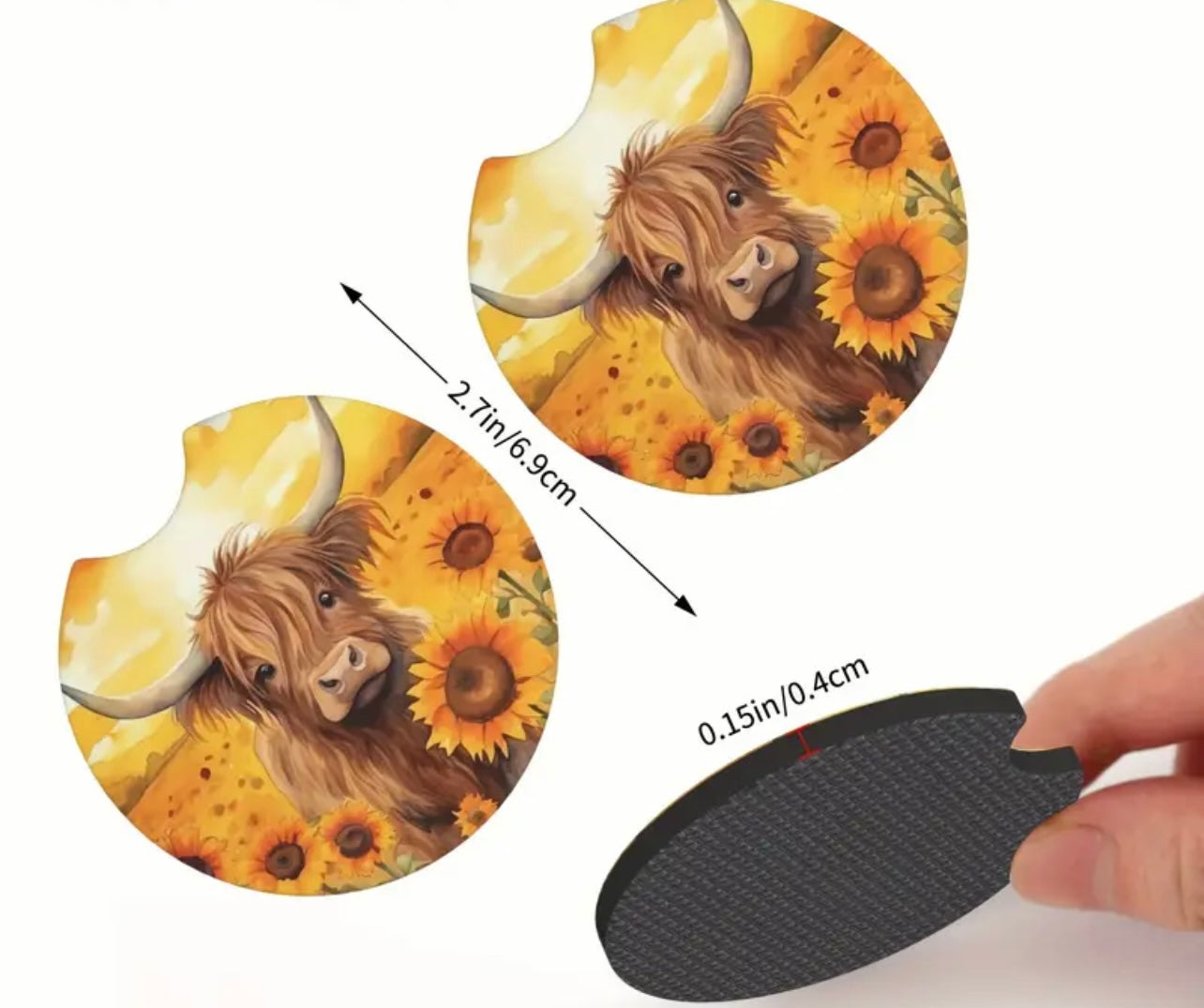 Sunflower Highland Cow Neoprene Car Coaster Set