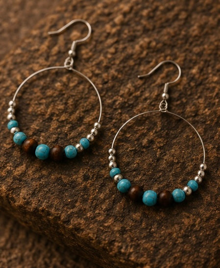 Turquoise & Wood Beaded Hoop Earrings