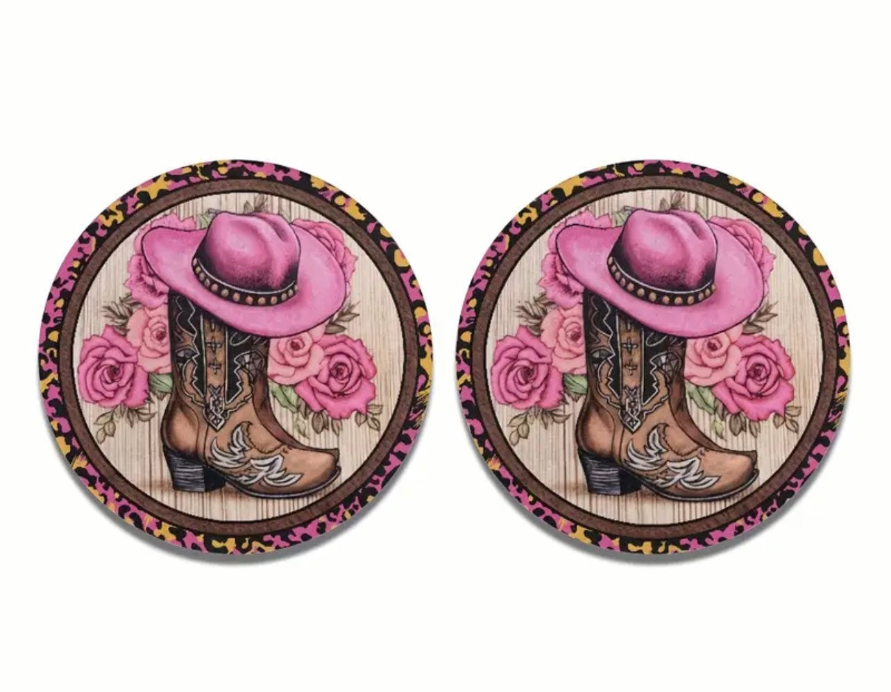 Pink Cowgirl Hat Neoprene Car Coaster Set