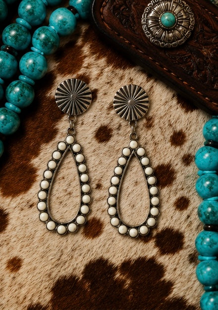 Ivory Beaded Open Teardrop Western Earrings