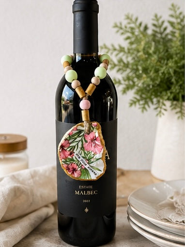 Floral Oyster Shell Bottle Charm | Coastal Wine Decor Gift