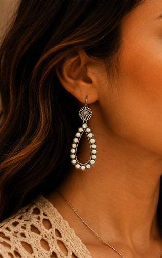 Ivory Beaded Open Teardrop Western Earrings