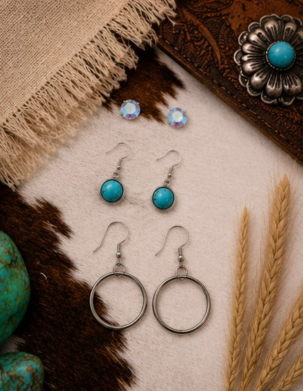 Turquoise & Silver Earring Trio Set – Western Boho Mixed Earring Collection