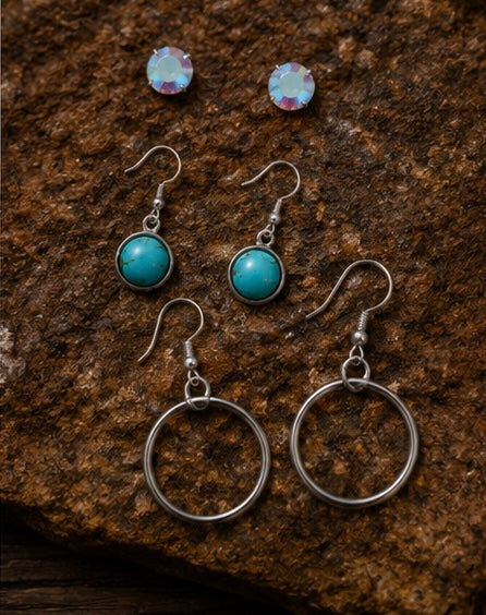 Turquoise & Silver Earring Trio Set – Western Boho Mixed Earring Collection