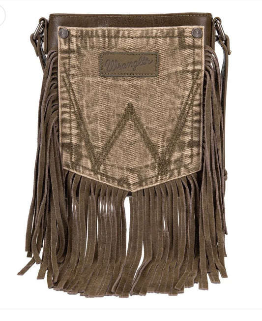 Wrangler Olive Brown - Fringe Denim Pocket Crossbody