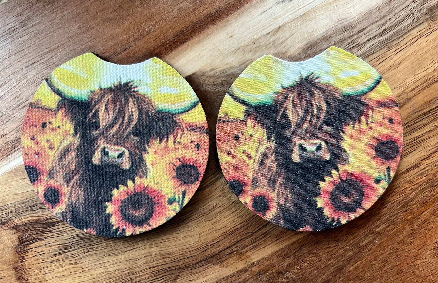 Sunflower Highland Cow Neoprene Car Coaster Set