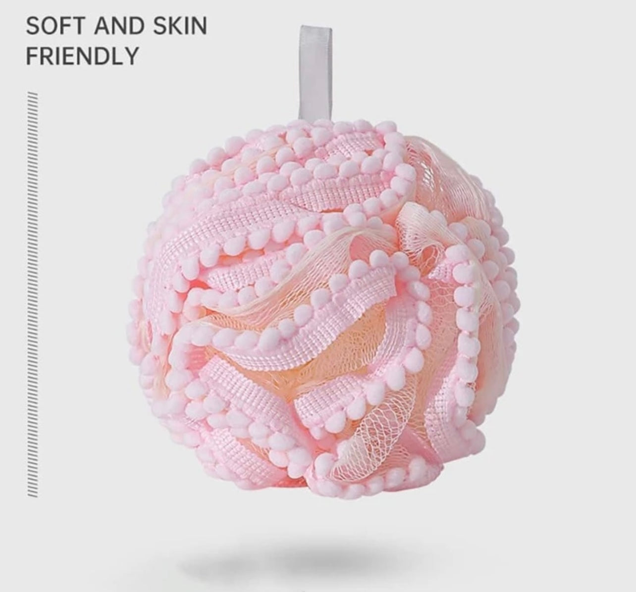 Mesh Bath Pouf Scrubber with “PomPom” Lace Trim