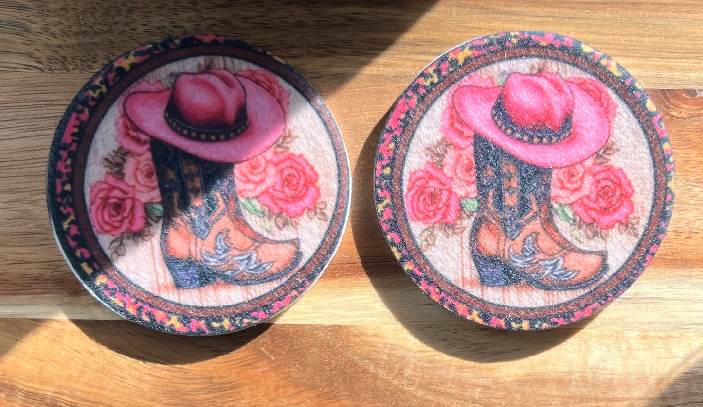 Pink Cowgirl Hat Neoprene Car Coaster Set