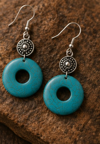 Turquoise Stone Circle Drop Earrings