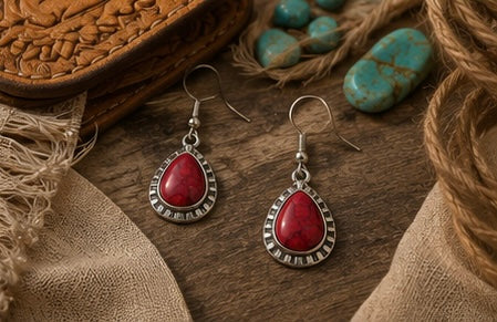 Red Stone Western Teardrop Earrings
