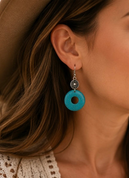 Turquoise Stone Circle Drop Earrings