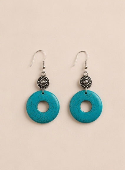 Turquoise Stone Circle Drop Earrings