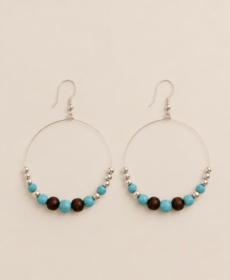 Turquoise & Wood Beaded Hoop Earrings