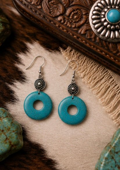 Turquoise Stone Circle Drop Earrings