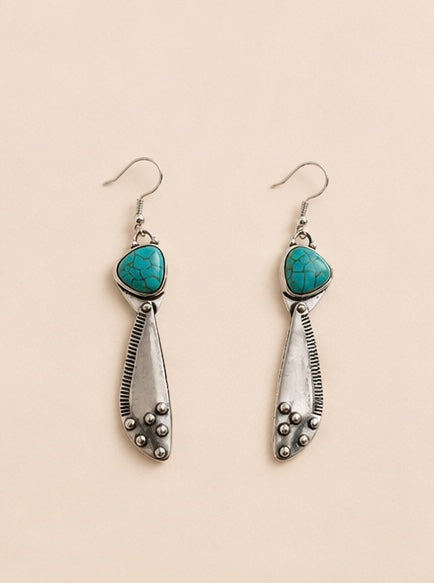 Turquoise Silver Boho Drop Earrings – Western Statement Earrings