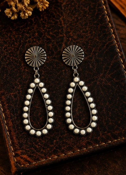 Ivory Beaded Open Teardrop Western Earrings