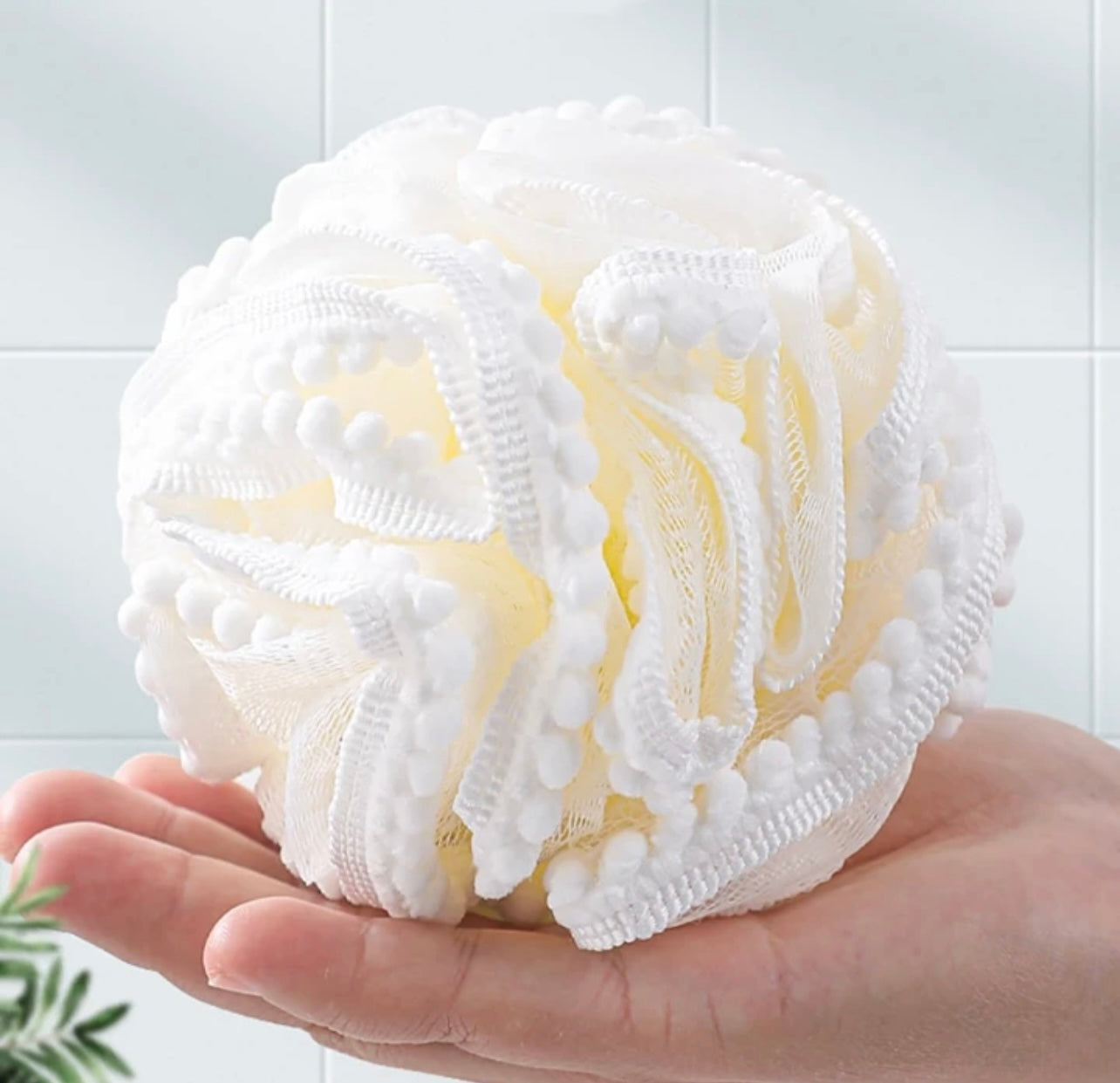 Mesh Bath Pouf Scrubber with “PomPom” Lace Trim