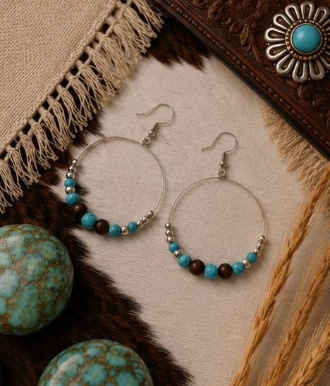 Turquoise & Wood Beaded Hoop Earrings