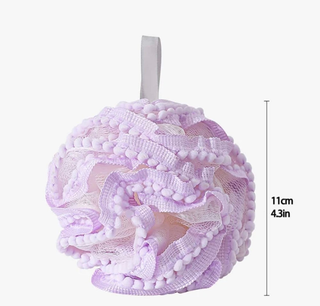 Mesh Bath Pouf Scrubber with “PomPom” Lace Trim