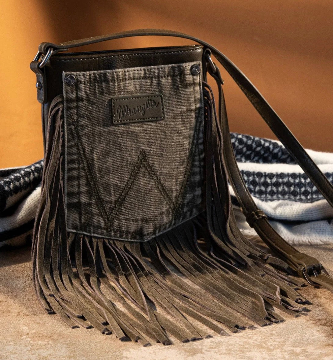 Wrangler Olive Brown - Fringe Denim Pocket Crossbody