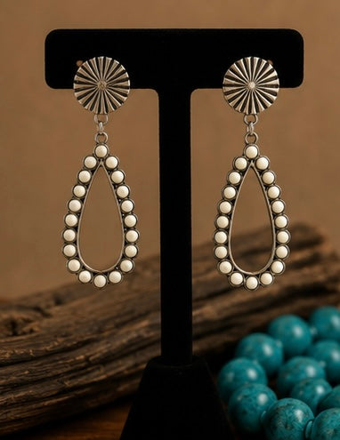 Ivory Beaded Open Teardrop Western Earrings