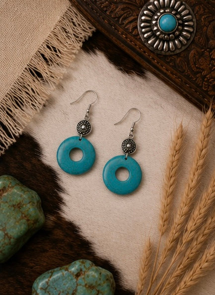 Turquoise Stone Circle Drop Earrings