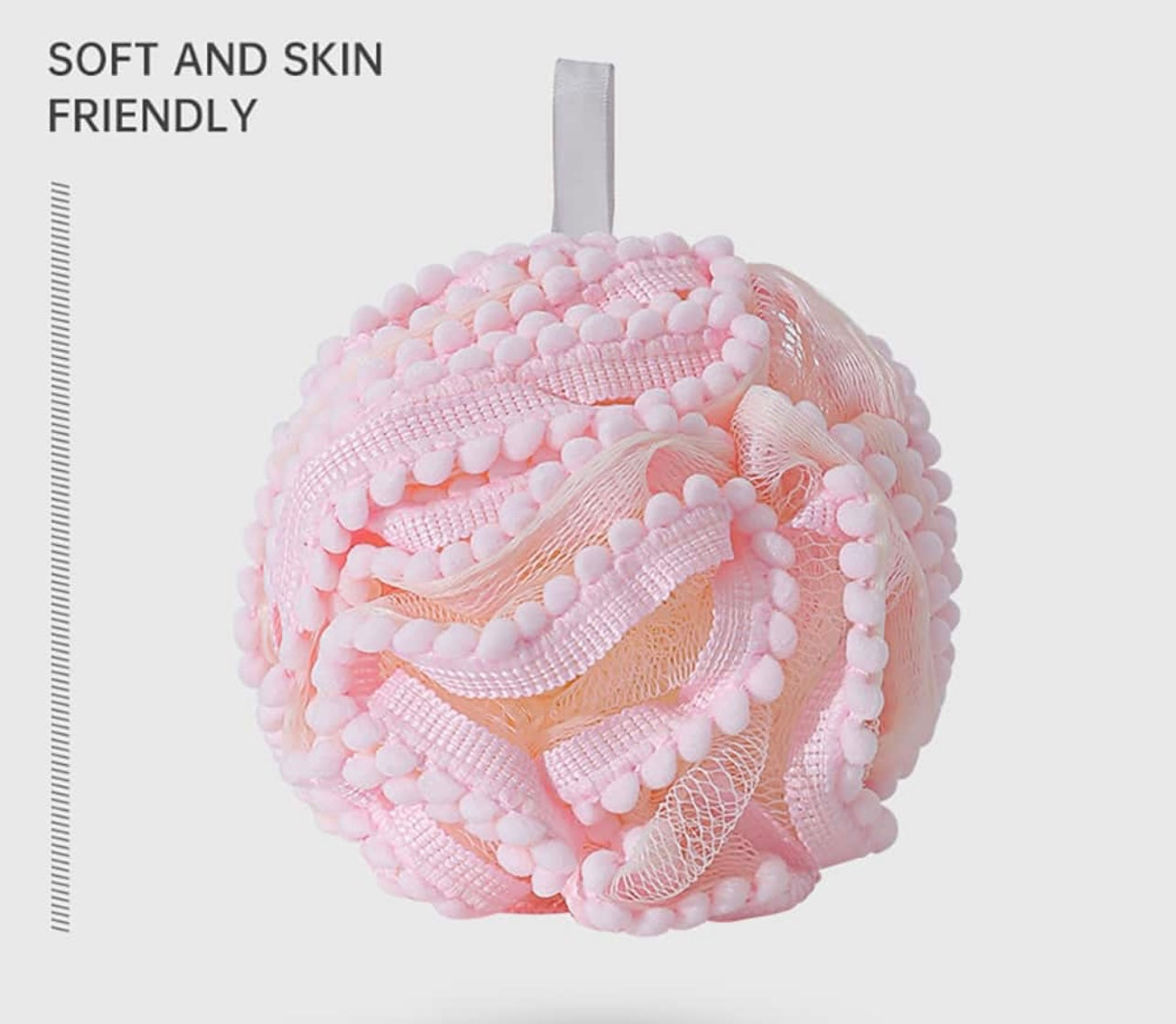 Mesh Bath Pouf Scrubber with “PomPom” Lace Trim