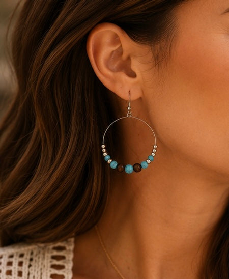 Turquoise & Wood Beaded Hoop Earrings