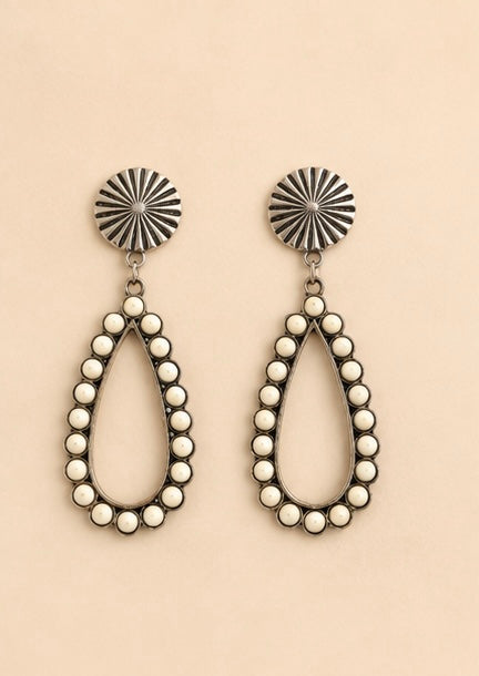 Ivory Beaded Open Teardrop Western Earrings