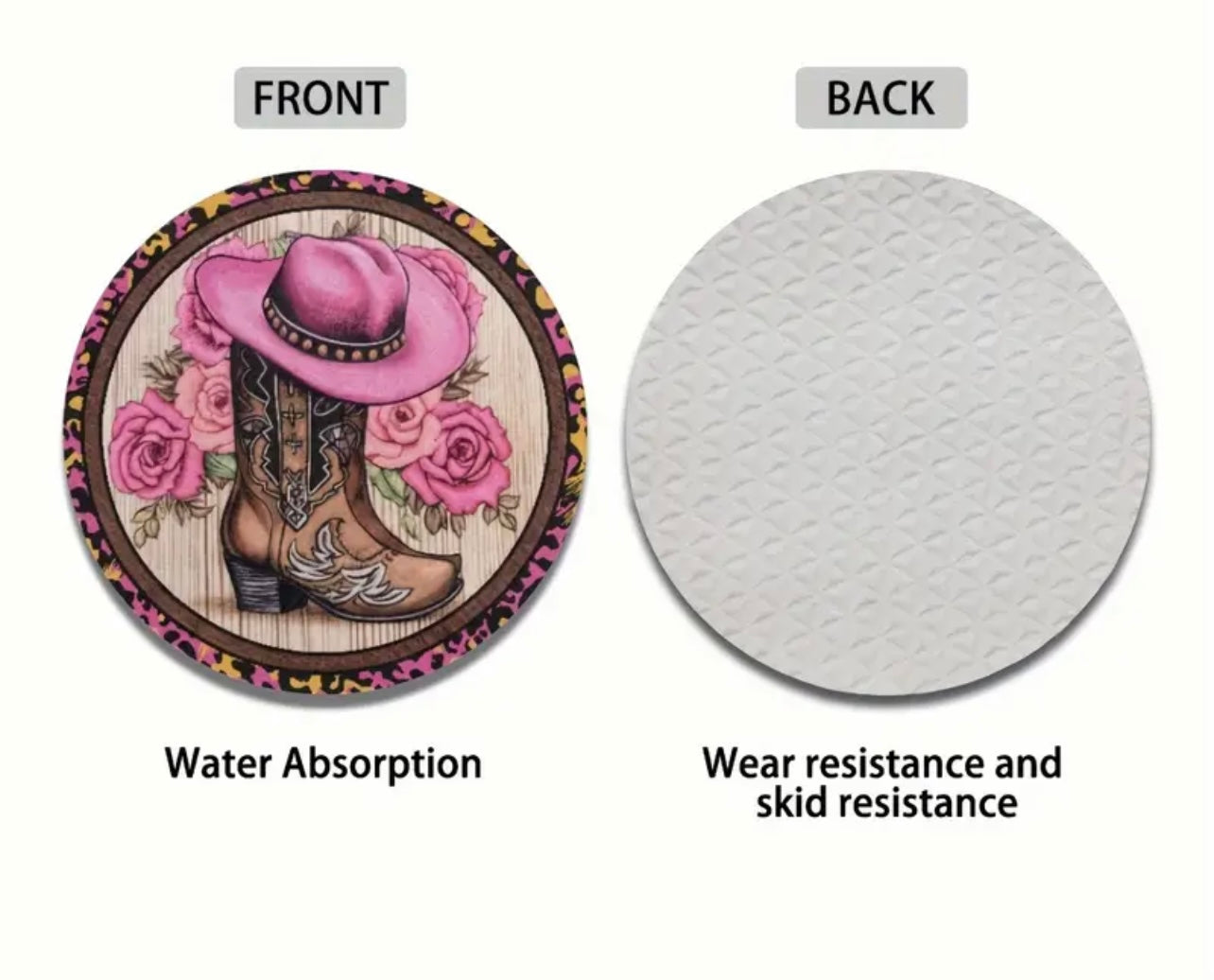 Pink Cowgirl Hat Neoprene Car Coaster Set