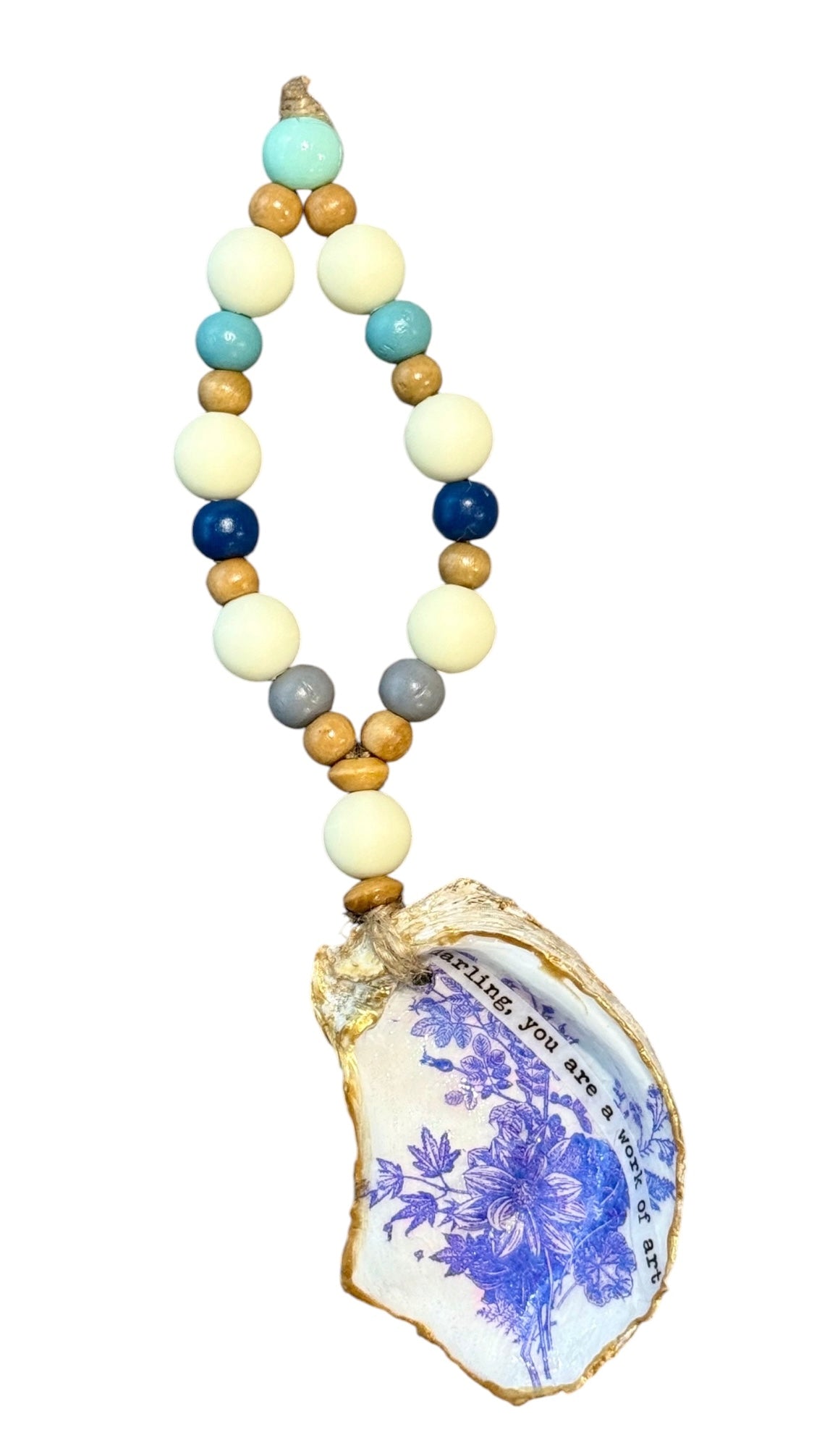 Blue Floral Oyster Shell Bottle Charm | Coastal Wine Decor Gift
