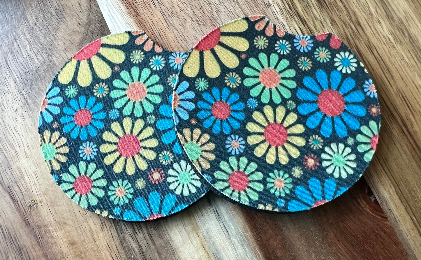 Retro Flowers Neoprene Car Coaster