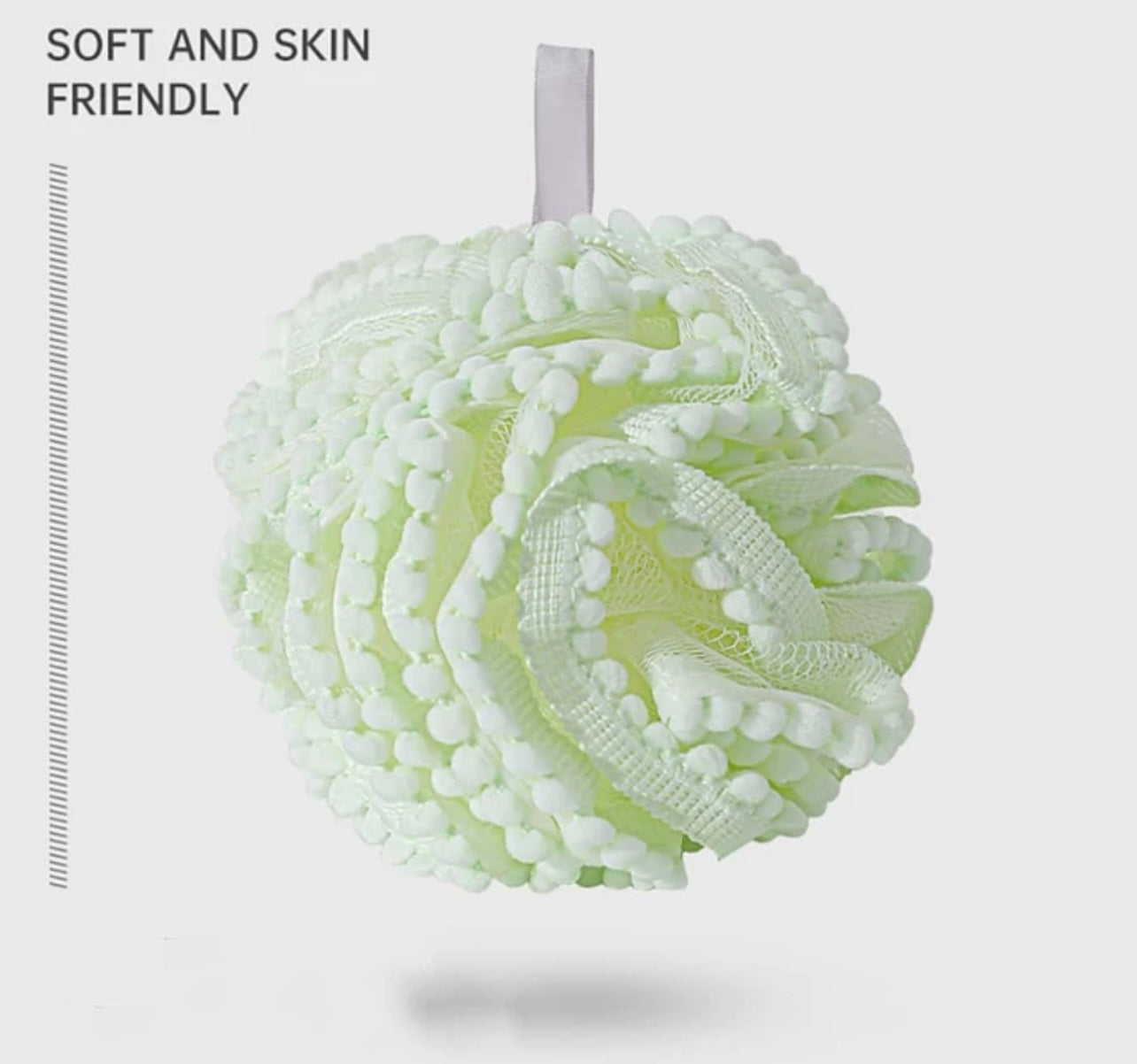 Mesh Bath Pouf Scrubber with “PomPom” Lace Trim