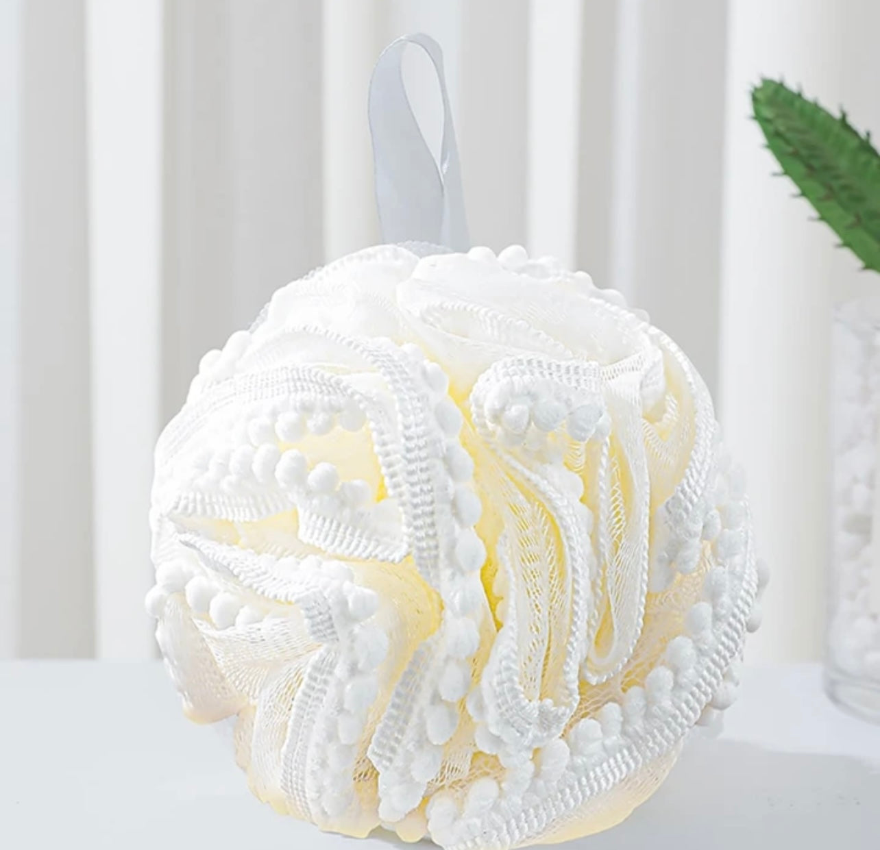 Mesh Bath Pouf Scrubber with “PomPom” Lace Trim