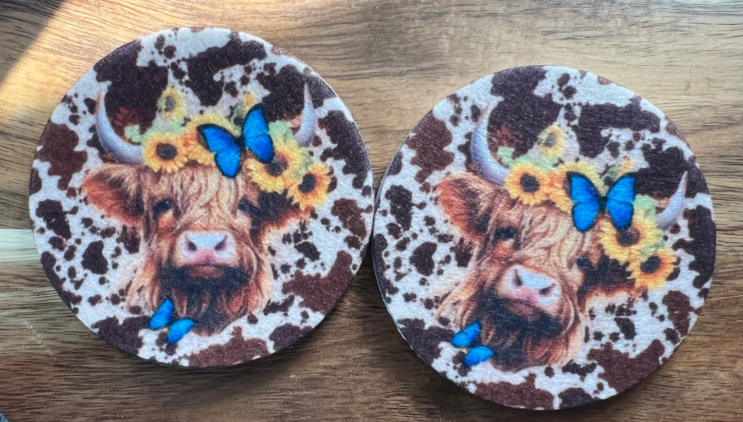 Highland Cow Neoprene Car Coaster Set