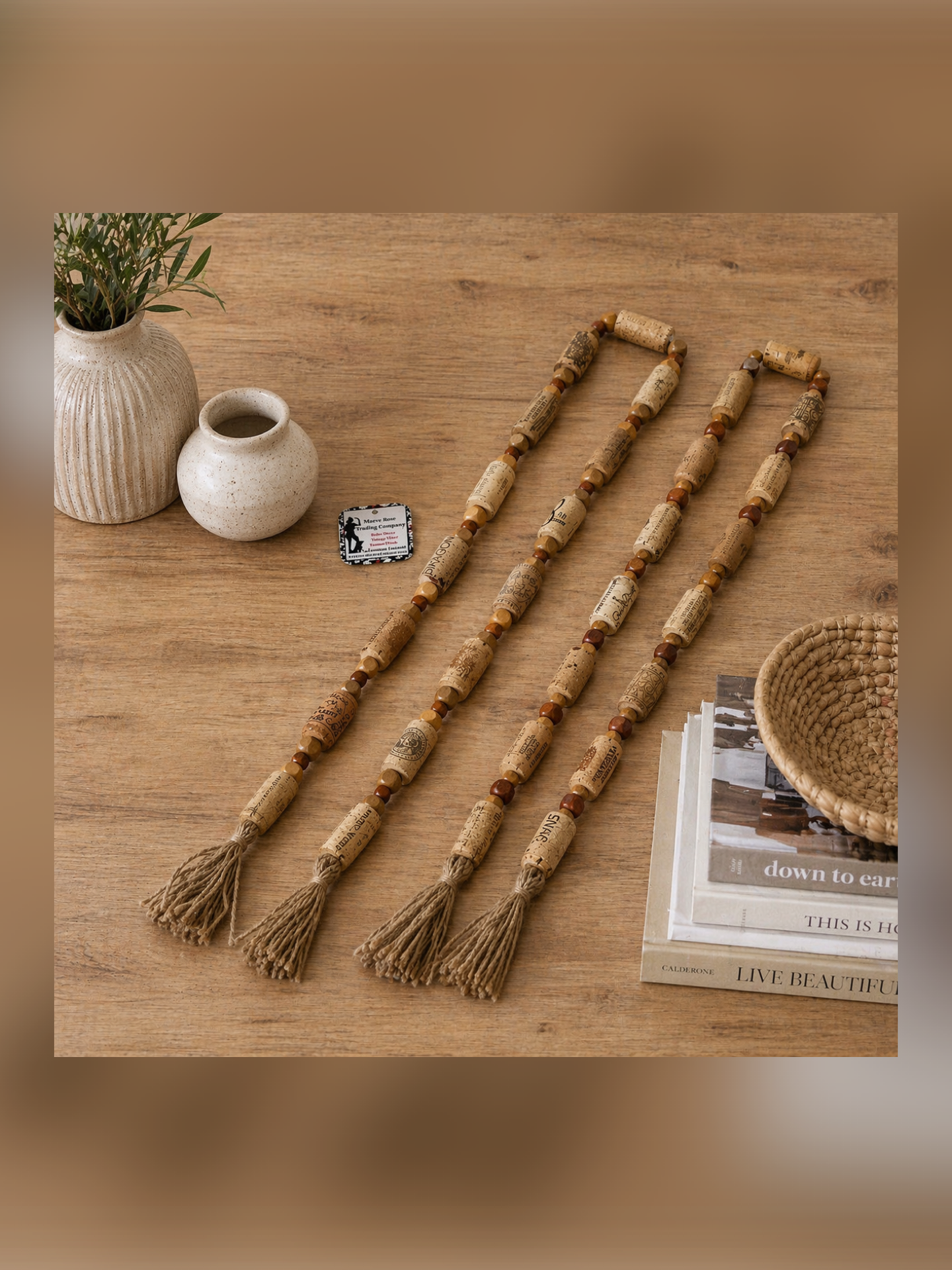 Handcrafted Wine Cork Garland – Timeless Rustic Boho Decor with Natural Square Wood Beads & Tassels