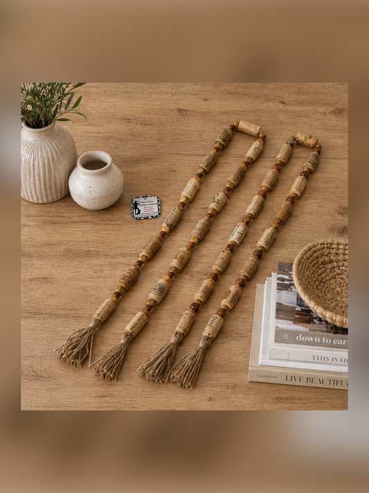 Handcrafted Wine Cork Garland – Timeless Rustic Boho Decor with Natural Square Wood Beads & Tassels