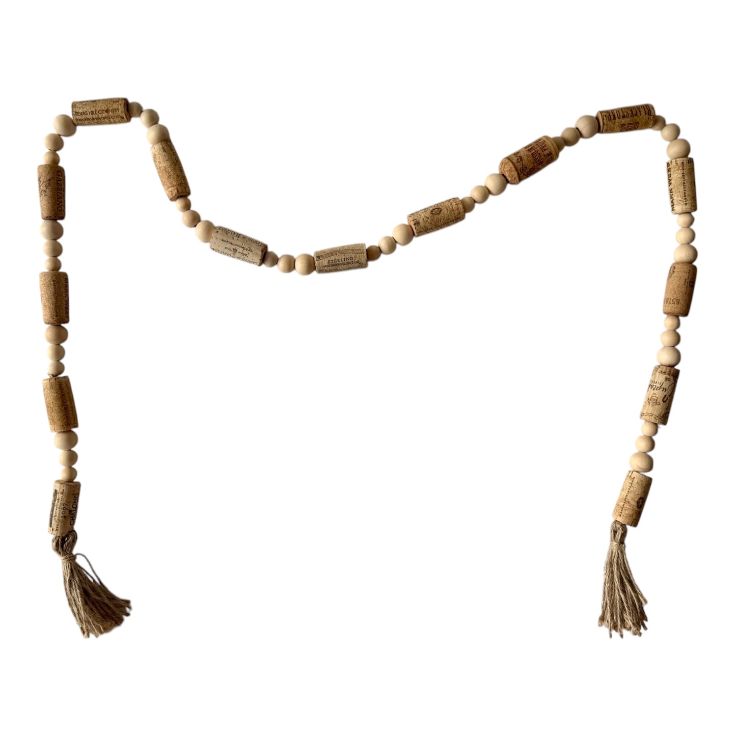 Handcrafted Wine Cork Garland with Natural Wooden Beads & Tassels
