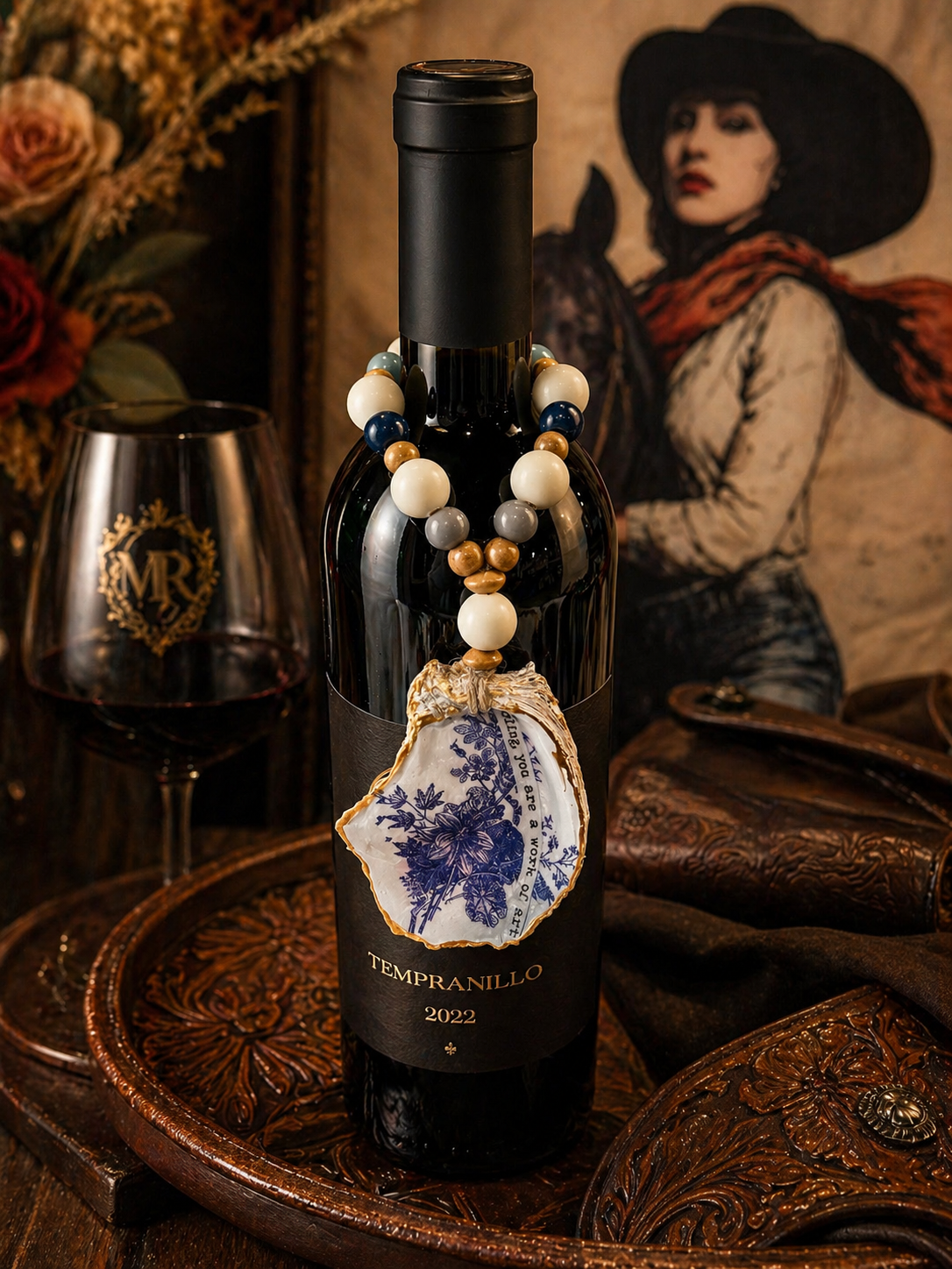 Blue Floral Oyster Shell Bottle Charm | Coastal Wine Decor Gift