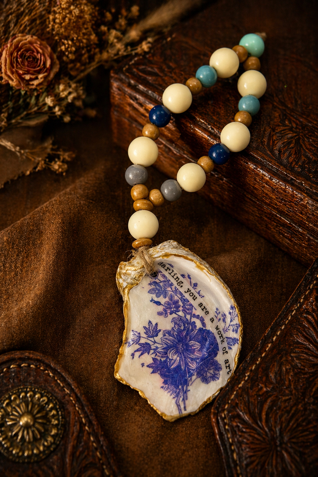 Blue Floral Oyster Shell Bottle Charm | Coastal Wine Decor Gift