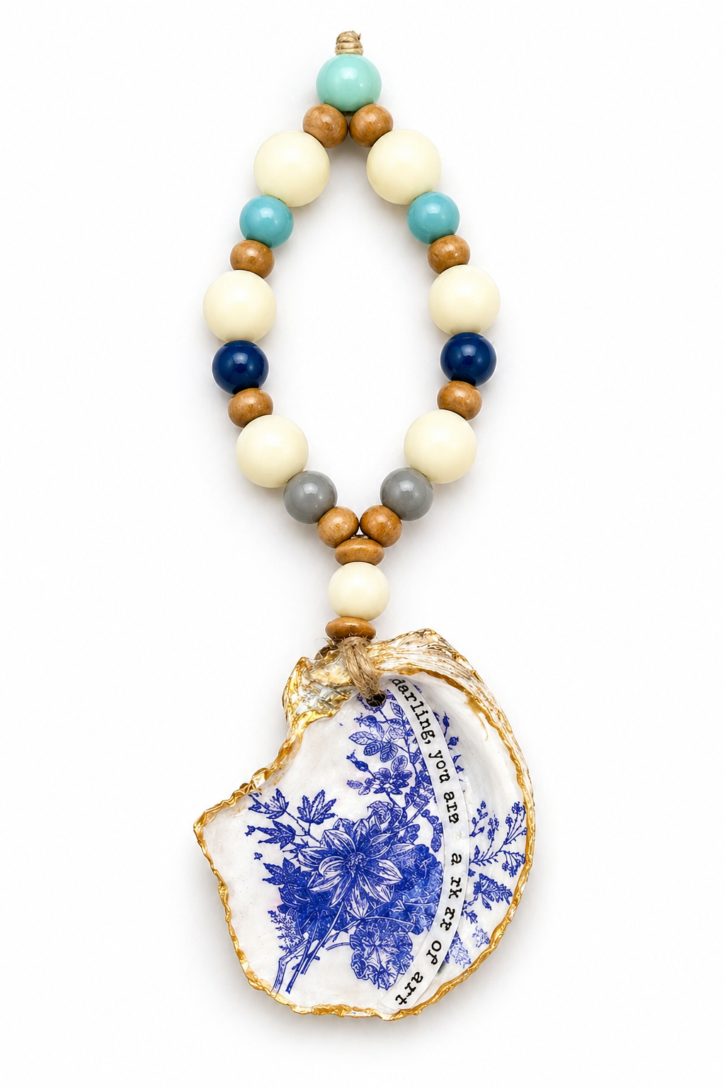 Blue Floral Oyster Shell Bottle Charm | Coastal Wine Decor Gift