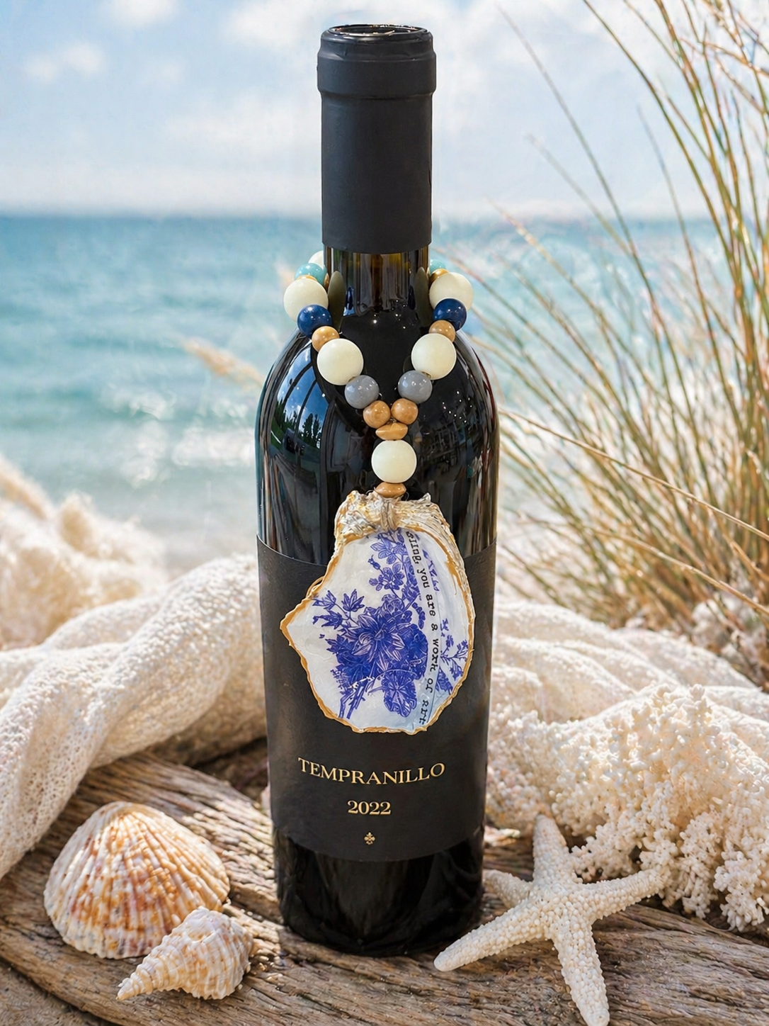 Blue Floral Oyster Shell Bottle Charm | Coastal Wine Decor Gift