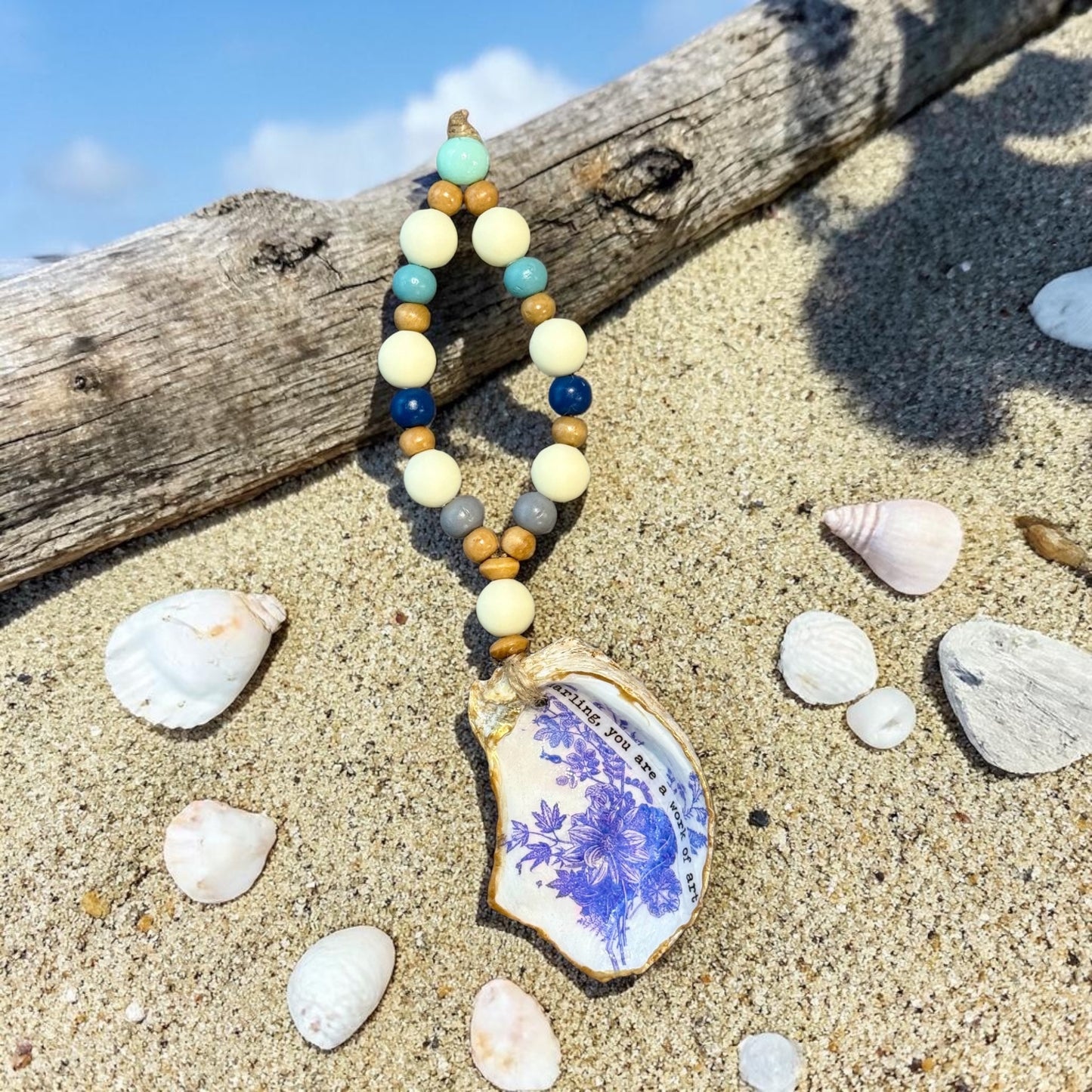 Blue Floral Oyster Shell Bottle Charm | Coastal Wine Decor Gift