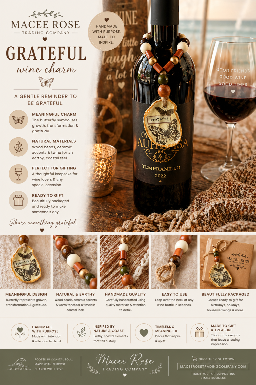 Butterfly Wine Bottle Charm | Handmade Coastal Wine Decor Gift