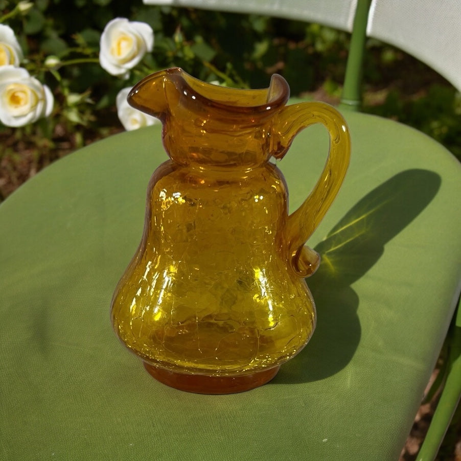 Mini Amber Blenko crackle glass pitcher