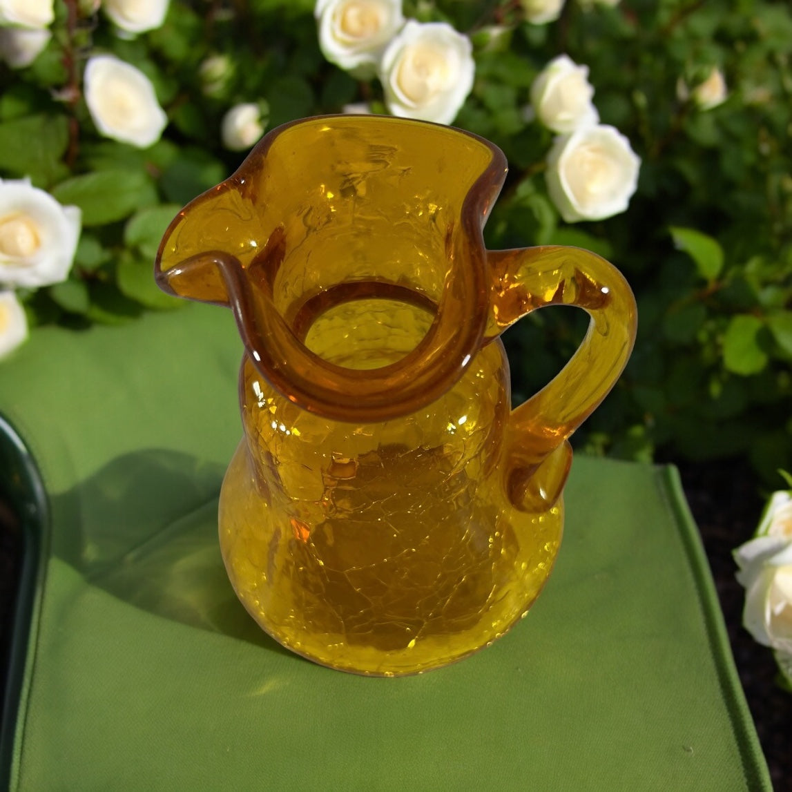 Mini Amber Blenko crackle glass pitcher