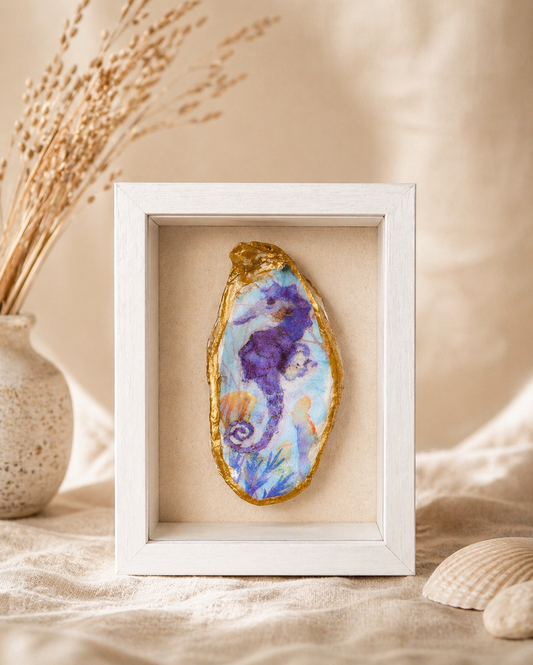Handcrafted Seahorse Oyster Shell Shadow Box – 5” x 7” Coastal Wall Decor | One-of-a-Kind Art